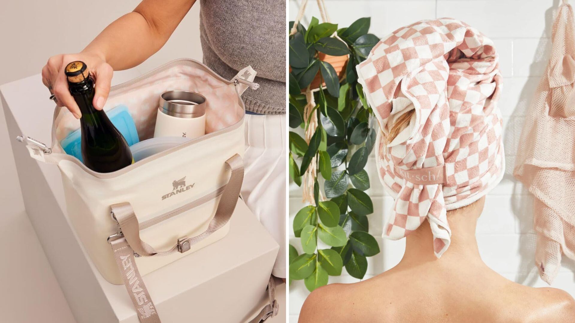 a split image of a cooler bag and a model wearing a hair wrap