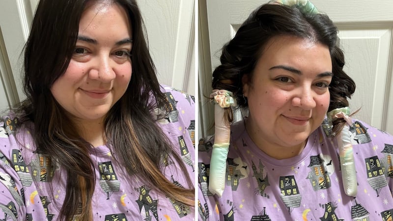 Bianca's natural hair, and Bianca with her hair in the Kitsch Heatless Curling Set before bed