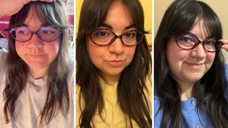 Three images of Bianca wearing the glasses.