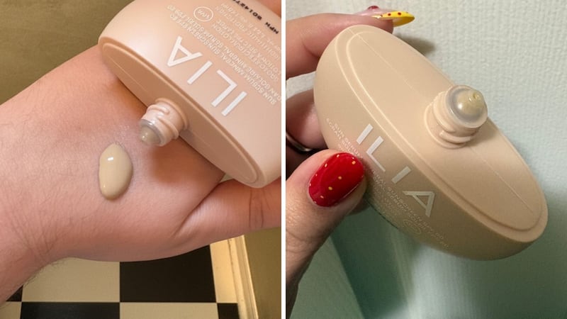 Bianca showing the sunscreen on her hand, and a close-up of the nozzle