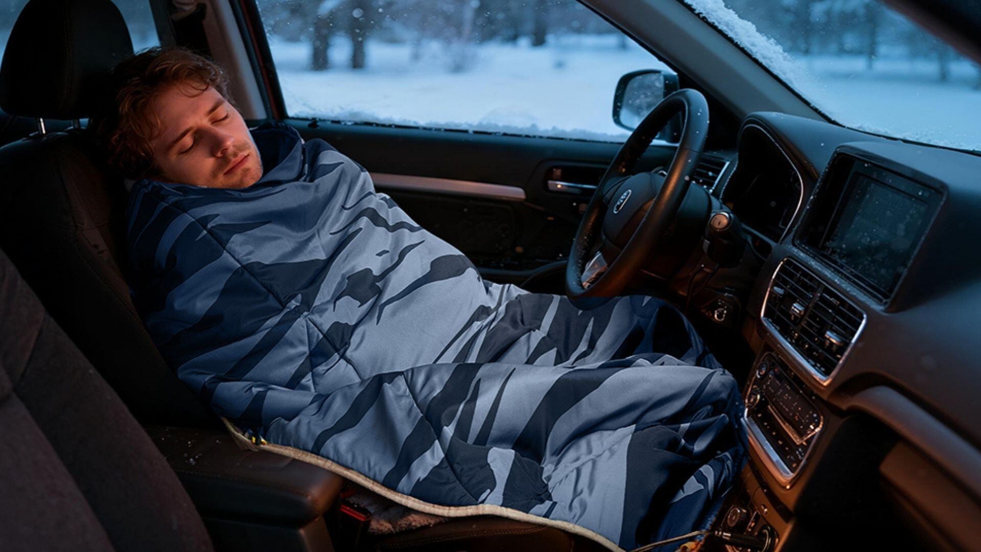 A person sleeping in their car with a heated car blanket over them.