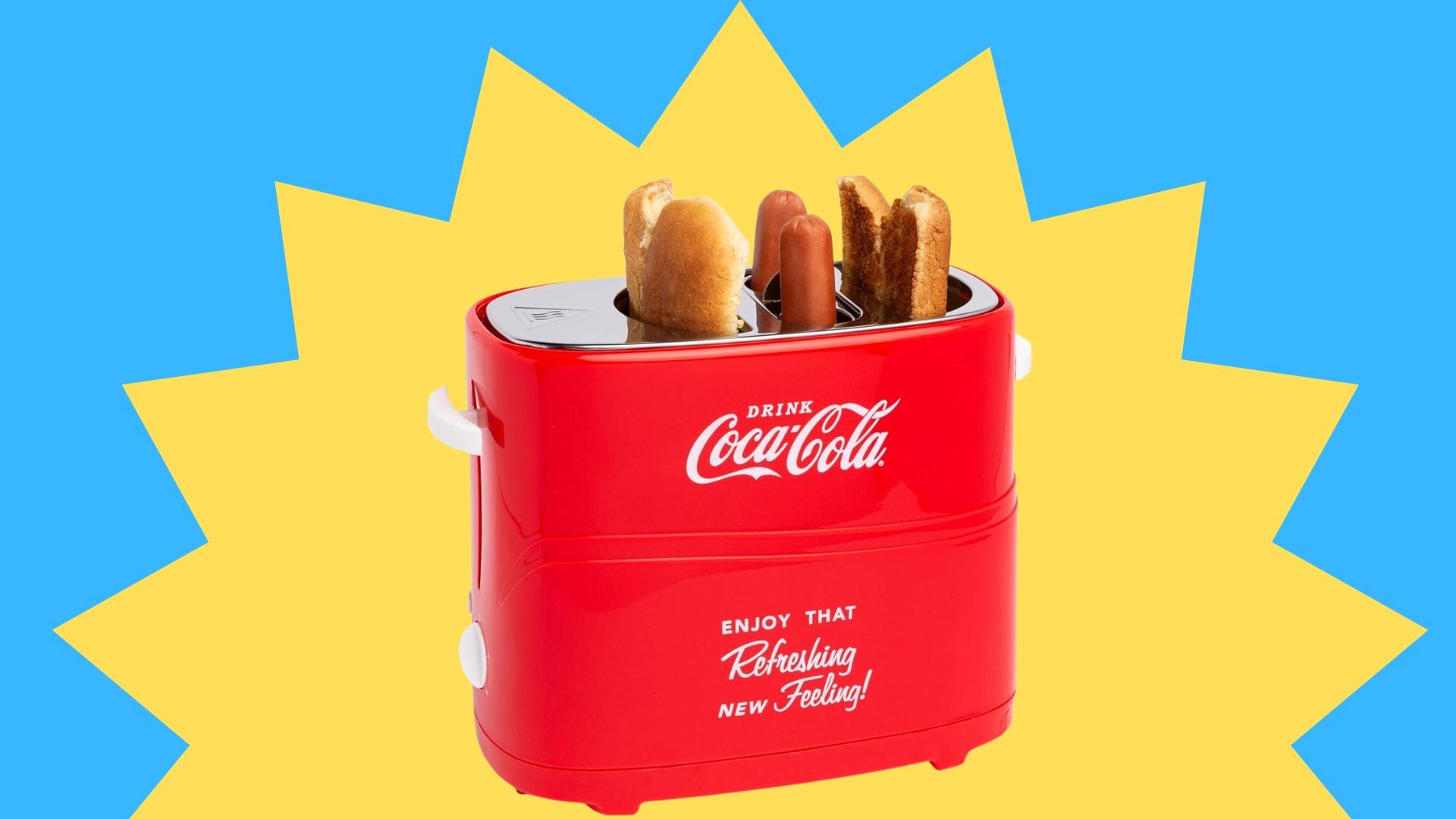 The Nostalgia Coca-Cola Hot Dog Toaster in a sunburst.