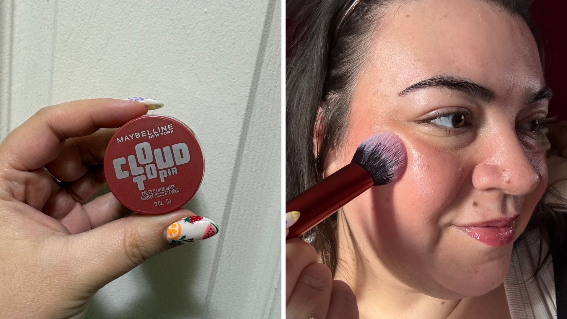 a split image of a hand holding a small glass container of blush and Bianca putting it on her cheeks with a blush brush