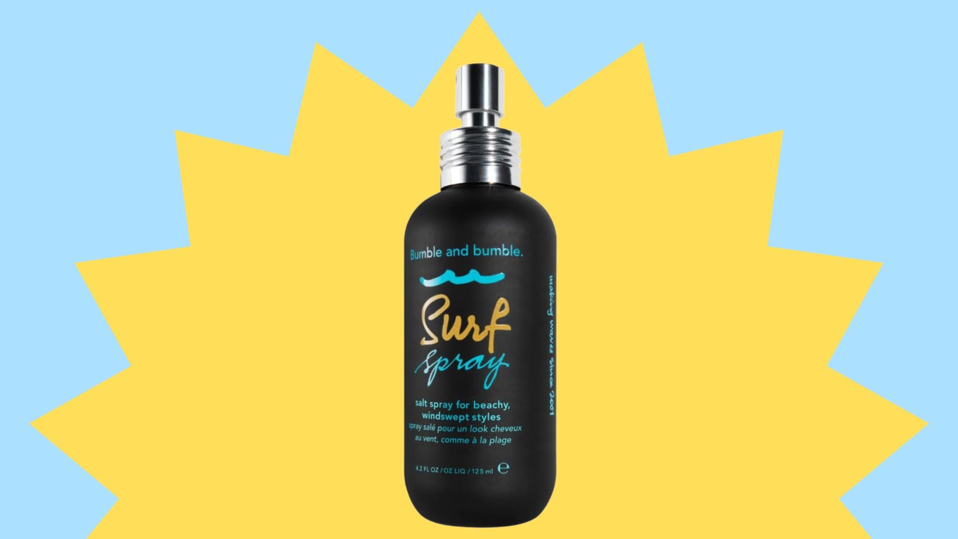 A bottle of Surf Spray in a yellow starburst.