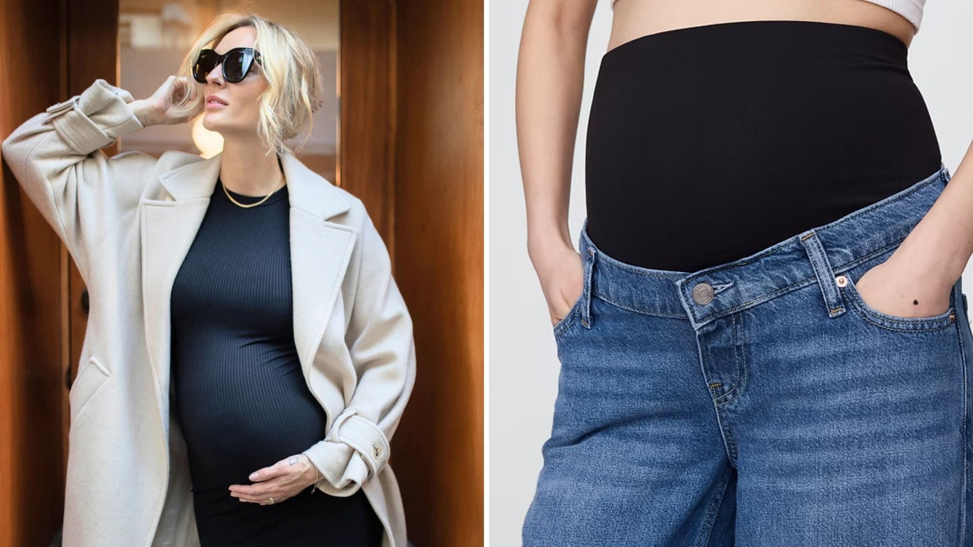 A person wearing a maternity dress and a person wearing pregnancy jeans.