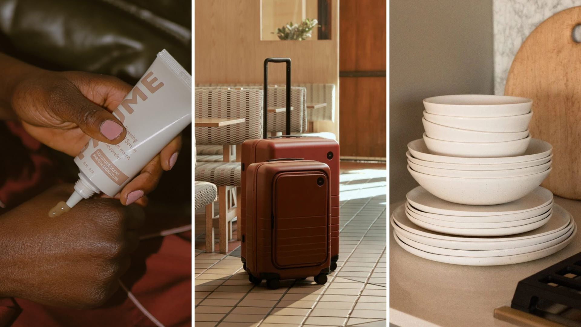 Paume hand cream, Monos suitcases, and Fable dishware.