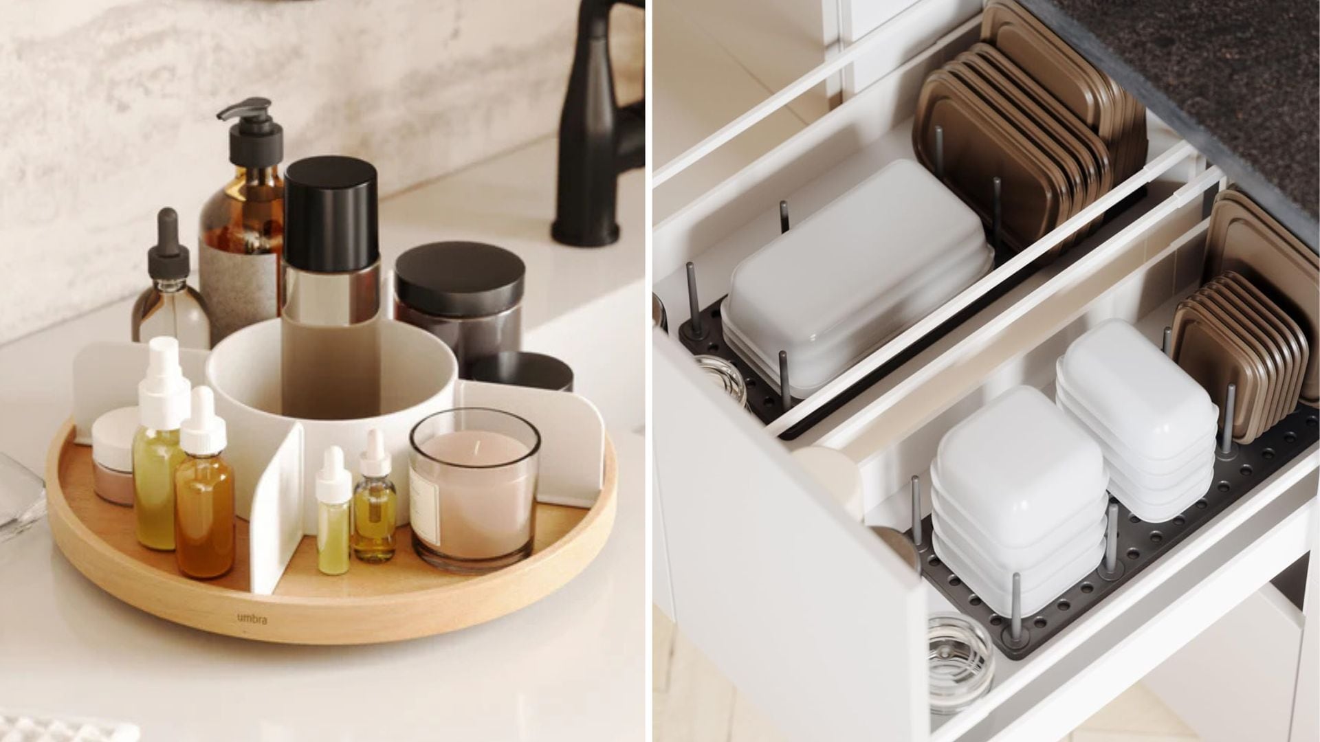 a split image of a lazy susan on a counter and food storage organizers in a drawer