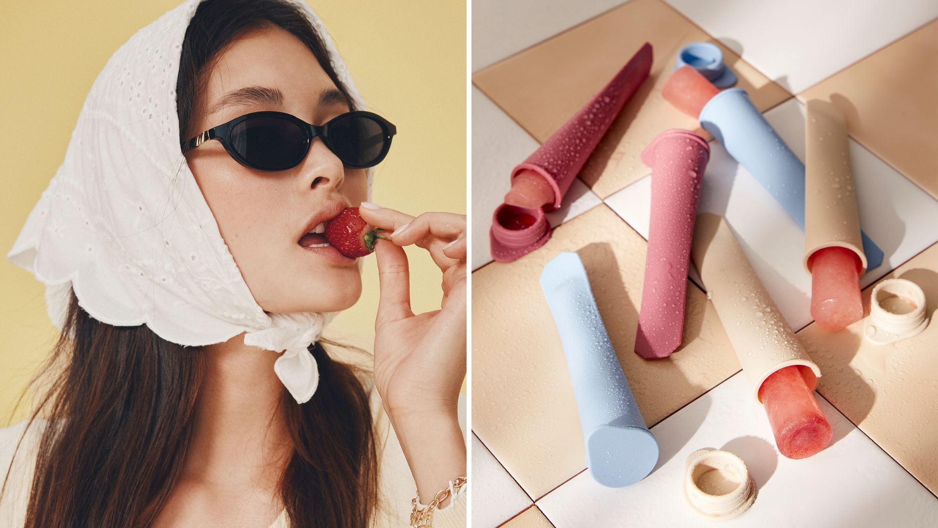 A person wearing a bandana scarf and sunglasses, and popsicle moulds.