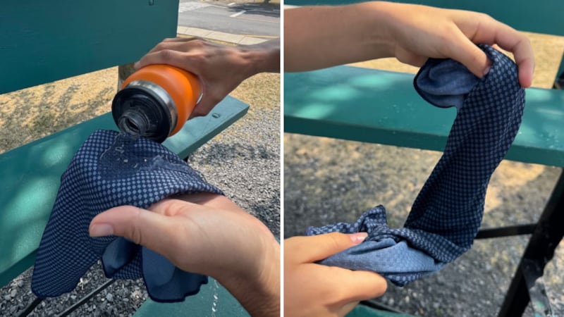 Split image of Valérie wetting the cooling towel