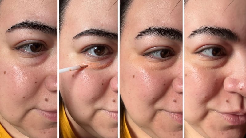 Bianca before putting the Vasanti Colour Correcting Concealer on (first photo), applying the concealer (second photo), the concealer on her face after it was blended (third photo), and the finished product after she had layered her own concealer on top (fourth photo)