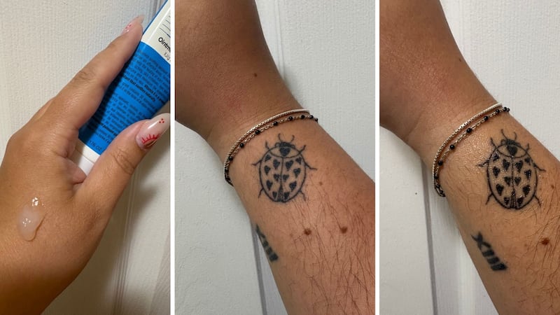 Bianca showing the consistency of the ointment on her hand, and a before and after of a tattoo with the ointment applied to it