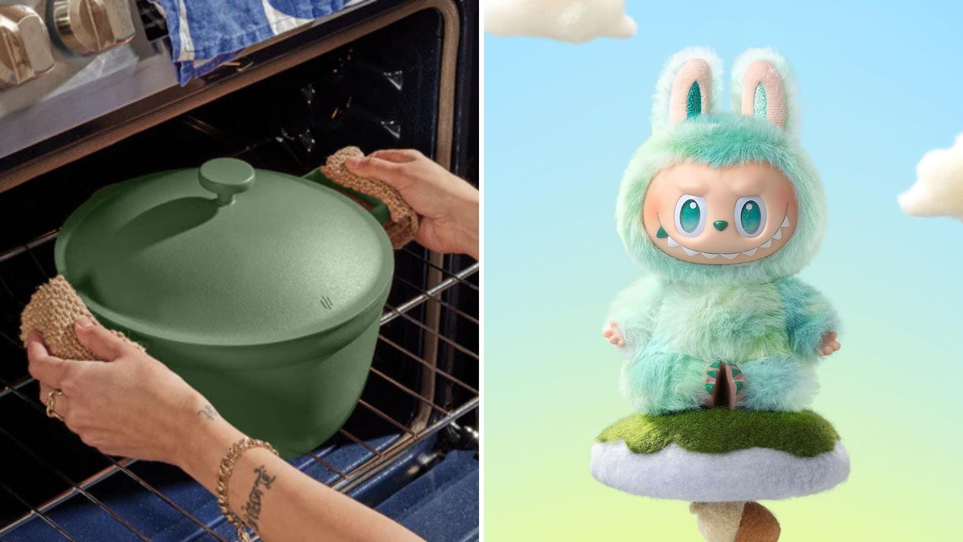 a split image of a pot in an oven and a Labubu doll