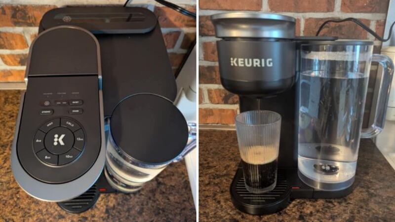 Split images of top of Keurig K-Brew+Chill Coffee Maker and brewing coffee