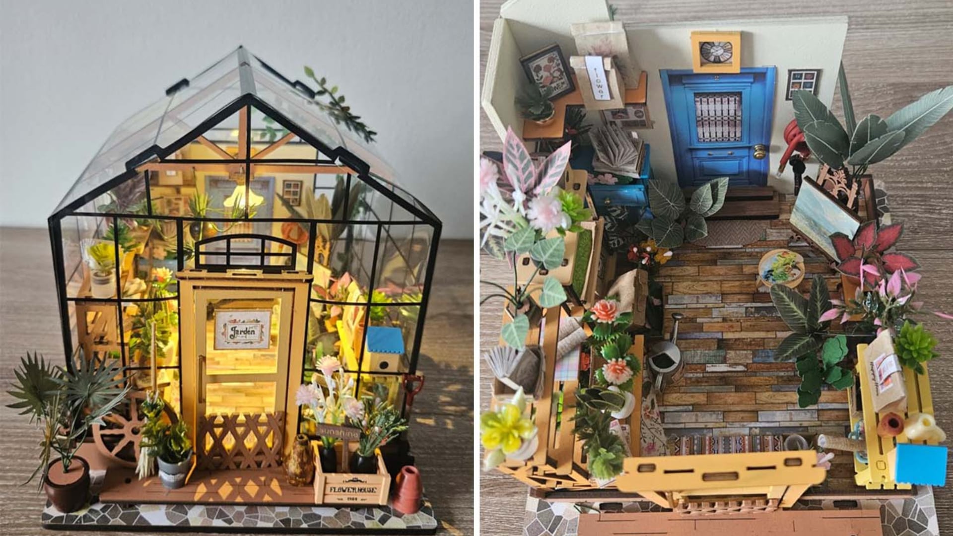 Split images of Rolife DIY Miniature House Cathy's Flower House assembled and details
