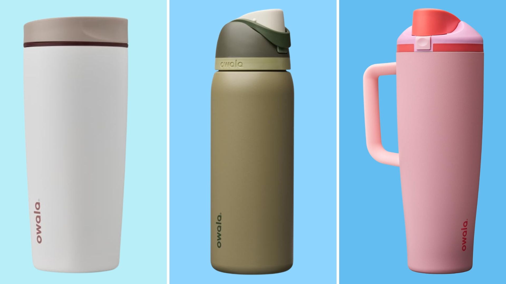 An Owala coffee tumbler, water bottle, and tumbler with handle.